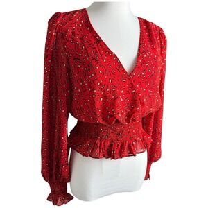 Lush‎ Womens Red Smocked Peplum Blouse Size S Romantic Boho Softgirl Holiday Red
